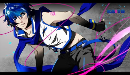 vocaloid - blue hair, pink, blue eyes, black jeans, kaito, black