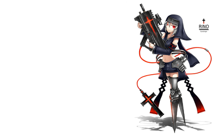 anime - red eyes, blush, black, pistol