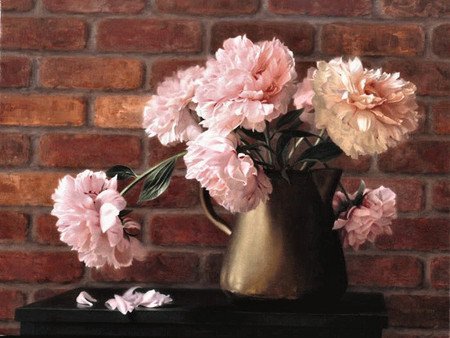 Pitcher of Peony F1 - floral bronze, howe, nancy howe, painting, pitcher, brick, art, pink, peony, flower