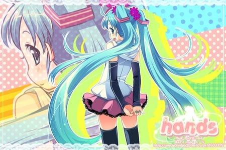 Hatsune Miku - Hands - aqua, aweosme, hot, colorful, music, anime girl, white, art, cool, aqua eyes, artistic, hatsune miku, skirt, sexy, song, vocaloids, program, vocaloid, beautiful, uniform, blush, diva, nice, beauty, twintail, singer, aqua hair, black, virtual, pretty, idol, green, anime, miku, cute, girl, cg, hatsune, tie, digital, colors