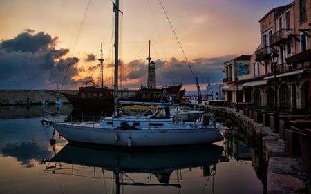 Early Morning - pretty, romantic, romance, terrace, sunrise, sailboats, sailing, good morning, house, crete, beauty, colors, architecture, chair, boats, nature, sailboat, building, town, boat, splendor, chairs, reflection, bar, view, greece, houses, sky, clouds, beautiful, sea, morning, buildings, lovely, lantern, peaceful, restaurant