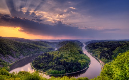 Lovely View - splendor, landscape, sunrise, forest, reflection, view, sky, woods, orscholz germany, clouds, saar, sunlight, trees, water, beautiful, beauty, colors, lovely, tree, colorful, river, germany, nature, sunset, saarschleife, rays, green, peaceful