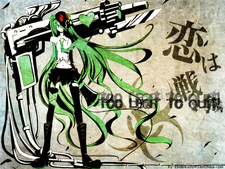 Too Legit To Quit - game, anime, vocaloid, gun, war, singer, girl, love, hair, miku, green, sing, weapon, hatsune, song, sexy