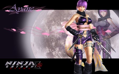 Ayane Ninja - ayane, moon, anime girl, female, cherry blossom, hot, big breasts, ninja, katana, ninja gaiden 2, swrod, ninja gaiden, sexy, video game