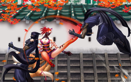 Fighter Ninja Girl - fighter, tattoo, anime girl, female, sword, kick, male, big breasts, ninja, knife, fighter ninja girl, two boys, katana, leaf, video game