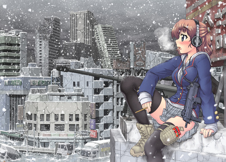 Anime - anime, blue, original, brown, war, eyes, snow, headphones, hase, weapon, yu, winter, skirt, gun, girl, thighhighs, blush, cool, hair, sexy, building