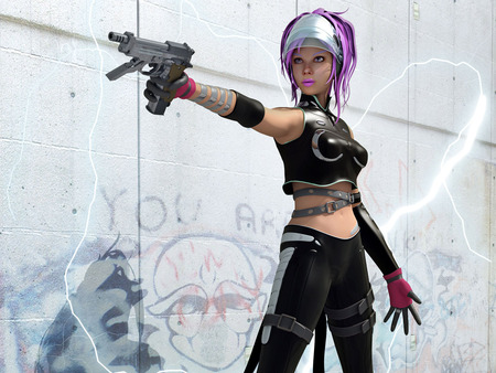 Hot Gun Girl - pink hair, 3d wallpaper, hot gun girl, hot