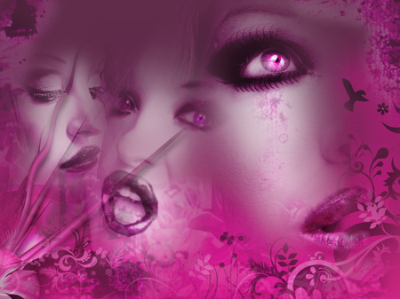 blackcherry lips and pink soda days - woman, lips, female, eye, spike, black, face, purple, diffrent, swirls, vector, light, momochrome, neon, abstract, colour, pink, leaves, crazy, texture, soda, new