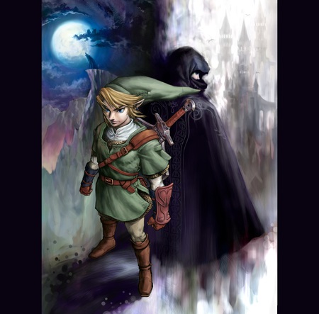 Back to Back with Friend, Foe, or Both? - anime, victory, warrior, link, night, battle, protector, mist, mystery, shield, moon, game, dark queen, hood, sword, cape, zelda, pointed ears, adventurer, fantasy, green, hero, day