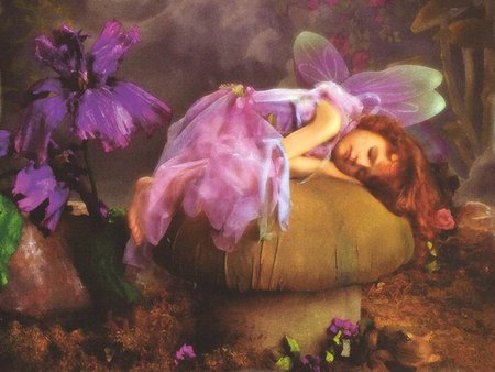 Little ange sleeping - flower, cute, mushroom, girl, sleep, angel