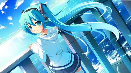 Hatsune Miku - clouds, blushing, anime girl, vocaloid, twintails, beautiful, hot, blush, beauty, miku, cute, hatsune, aqua hair, vocaloids, sexy, sky