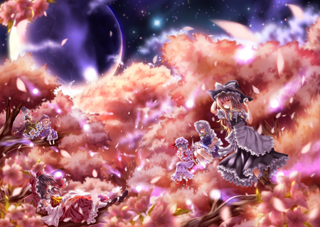 Cherry blossoms - saigyouji yuyuko, beautiful, hot, beauty, izayoi sayuka, hakurie reimu, touhou, beauties, cute, remilia scarlet, sakura petals, konpaku youmu, kirisame marisa, anime girls, sexy