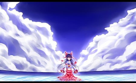 Hakurei Reimu - beauty, sky, anime girl, stunning, shunsuke, touhou, pretty, beautiful, clouds, cute