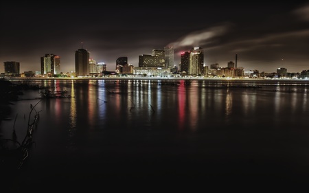 Late Night NOLA Skyline - night, bay, reflections, skyline, clouds, beautiful, city, architecture, lights