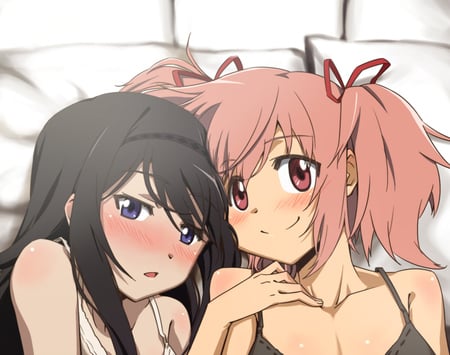 Close Friends - blushing, anime girl, akemi homura, beautiful, hot, blush, beauty, long hair, purple eyes, pink eyes, mahou shoujo madoka magica, kaname madoka, black hair, cute, pink hair, sexy