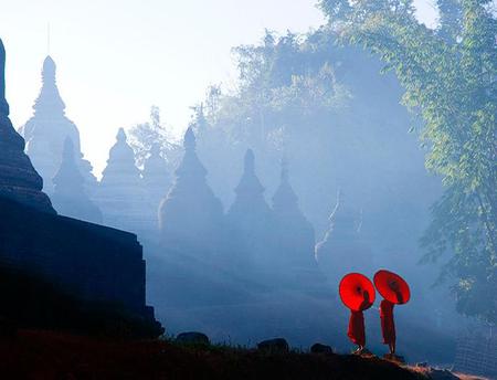 Two's Company - oriental, trees, umberellas, temples, people, red, mist, morning