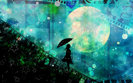 Moonlight Girl - moon, female, shadow, stars