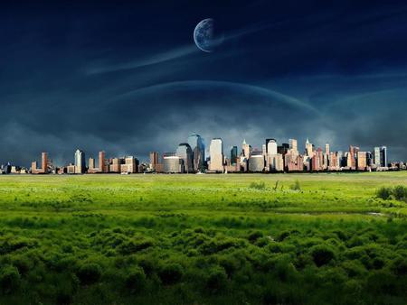 Fictional-town - moon, sky, building, landscape, town, photoshop, clouds, 3d, blue, grass