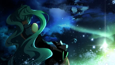 Beautiful Night - aqua, headset, thighhighs, music, anime girl, white, art, cool, dark, aqua eyes, artistic, hatsune miku, skirt, light, song, vocaloids, program, glow, vocaloid, beautiful, uniform, diva, beauty, nice, sky, night sky, twintail, singer, aqua hair, black, virtual, pretty, idol, clouds, anime, green, miku, cute, stars, girl, cg, hatsune, microphone, blue, headphones, tie, awesome, digital