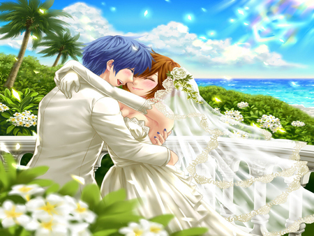 Beauty of Wedding - beauty, male, wedding, beach, sky, female, meiko, bride, kaito, kiss, married, cloud, vocaloid, flowers, happy