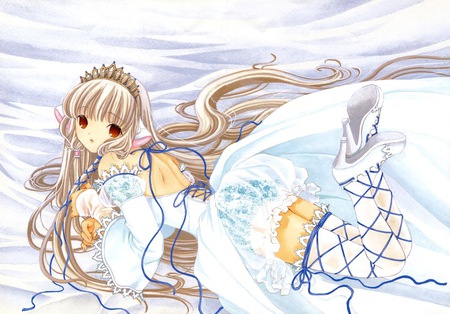 white angel - chobit, chii, sexy, blue, long hair, ribbon, white dress, cute