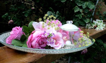 Floral arrangement - photography, rose, nature, colour, arrangement, pink, table, flowers, plate