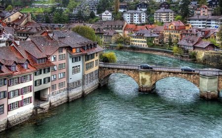 River in Town - river, town, picture, switzerland, cool