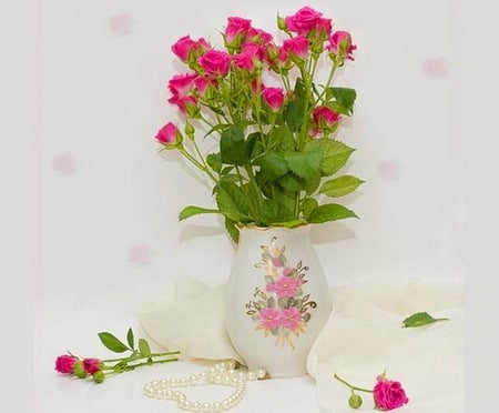 Miniatures - flowers, roses, painted vase, petals, green leaves, pink