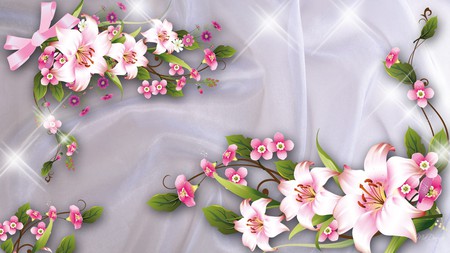 Lilies on Satin - bows, sparkles, pink, stars, lily, flowers, shiny, satin, ribbons