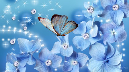 Blues on Blue II - glitter, persona, butterfly, stars, diamonds, blue, flowers, sparkles