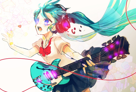 Hatsune Miku - tie, pretty, artistic, pink, uniform, headphones, nice, program, beauty, virtual, quitar, cg, school uniform, drawing, white, cute, aqua eyes, song, bow, vocaloid, anime, twintail, school, hatsune miku, microphone, music, aqua, art, idol, anime girl, skirt, beautiful, singer, girl, cool, black, miku, awesome, diva, painting, digital, aqua hair, hatsune, vocaloids, headset