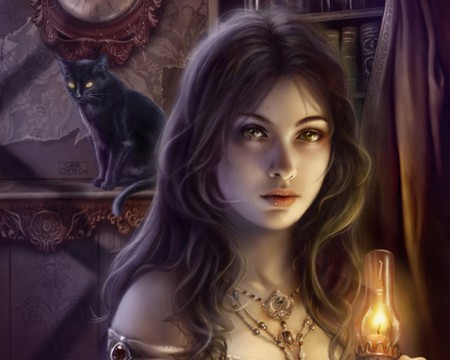 Fantasy - black, fantasy, female, cat