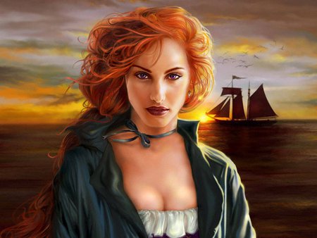 Woman at sea sunset - fantasy, sunset, woman, ship, girl, sea, sky