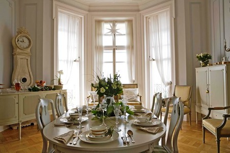 Stylish interior - house, elegant windows, table, chairs, floral arrangement, interior, light, architecture