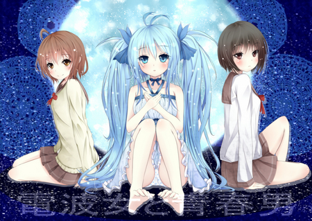 the moon light - light blue hair, girls, pattern, school uniform, twin tails, pale, anime, friends, blush, cute