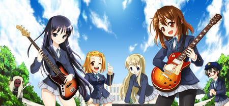 light music club - tsmugi, ritsu, keyboard, azusa, guitars, drums, mio, yui