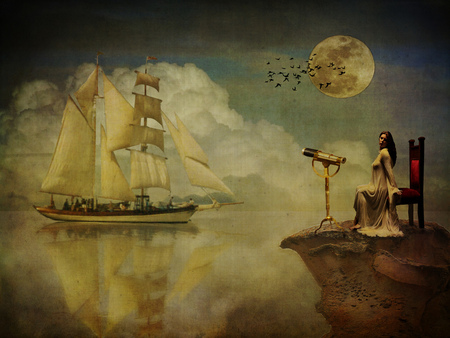 waitinng on you - mon amour... - woman, painting, fool moon, waiting, sea, fantasy, sail boath, birds