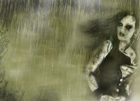 zombie rayne - blood, vile, zombie, female, windy, intresting, gothic, dark, starrayne, tattoos, woman, rain, pale, cut, new