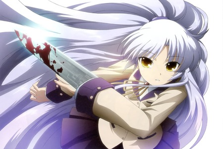 Angel beats - blood, yellow eyes, tenshi, dress, gray hair, weapon, long hair