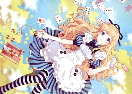 alice in wonderland - head band, dress, poker, tail, long hair, sky, blue eyes