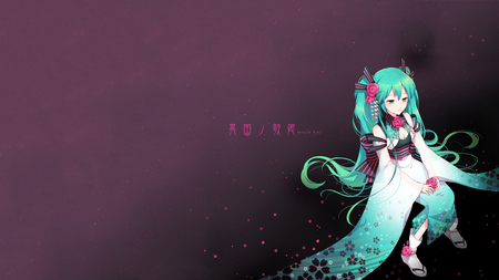 Vocaloid - purple, long hair, aqua eyes, kimono, aqua hair, head band