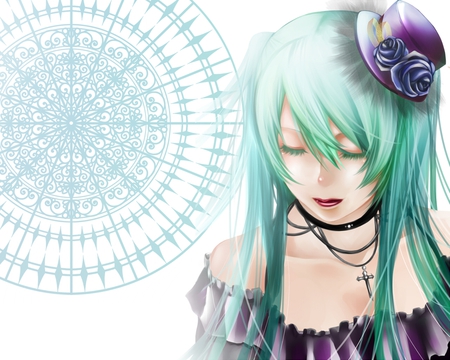 Hatsune Miku - pretty, artistic, realism, real, nice, program, beauty, virtual, flower, cg, top hat, white, cute, aqua eyes, cross, song, vocaloid, anime, twintail, hatsune miku, music, aqua, closed eyes, purple, art, idol, hat, anime girl, realistic, beautiful, singer, girl, cool, black, necklace, miku, awesome, diva, digital, aqua hair, hatsune, vocaloids