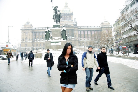 Ashley Bulgari - woman, sexy, hot, hair, winter, black, ashley bulgari, cold, blue, snow, beautiful, shorts, coat, brunette, sweet