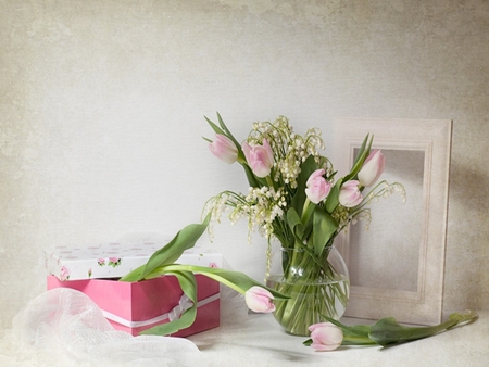 Still Life - pretty, romantic, romance, spring, pink, flowers, pink tulip, box, vase, for you, beautiful, pink tulips, photography, beauty, colors, lovely, with love, still life, tulip, tulips, nature, lily of the valley, gift