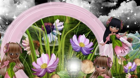 Fairy Garden II - flowers, clouds, pixie, fairy, grass, light, sky