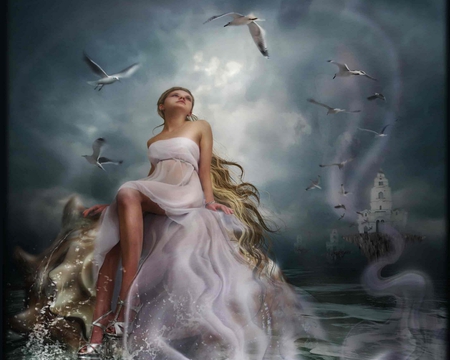 LOOKING FOR PEACE - woman, doves, ocean, peace, castle