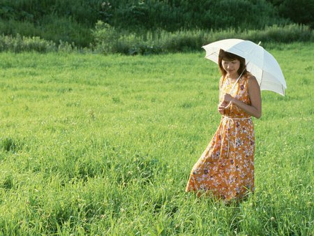 Woman in picnic - field, girl, umbrella, woman, grass