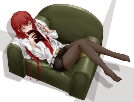 Red hot! - anime, white, red, book, couch, sexy