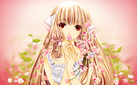 so delicate - ears, red eyes, pink backing, girl, pretty, anime, flowers, blonde