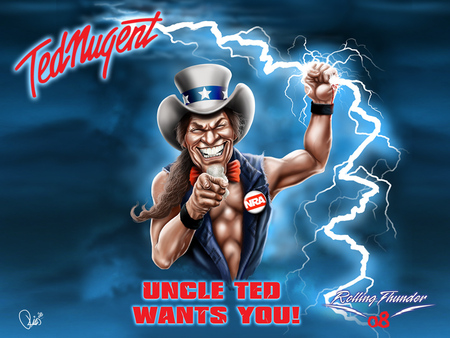 Ted Nugent - hat, the motor city madman, lightening, cartoon